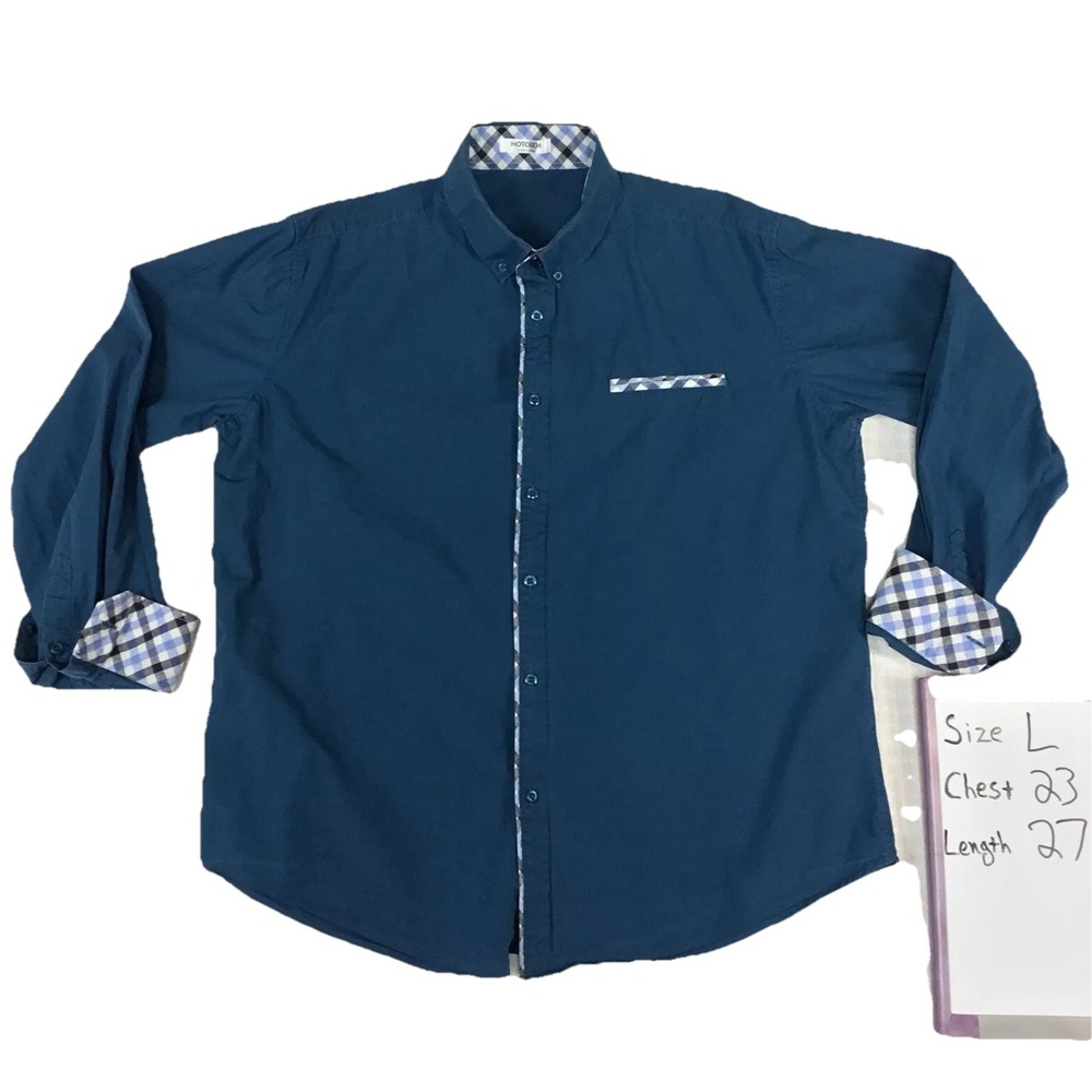 Hotouch Mens Large Teal Blue Button‎ Down Long Sleeve Shirt Plaid Trim Accents